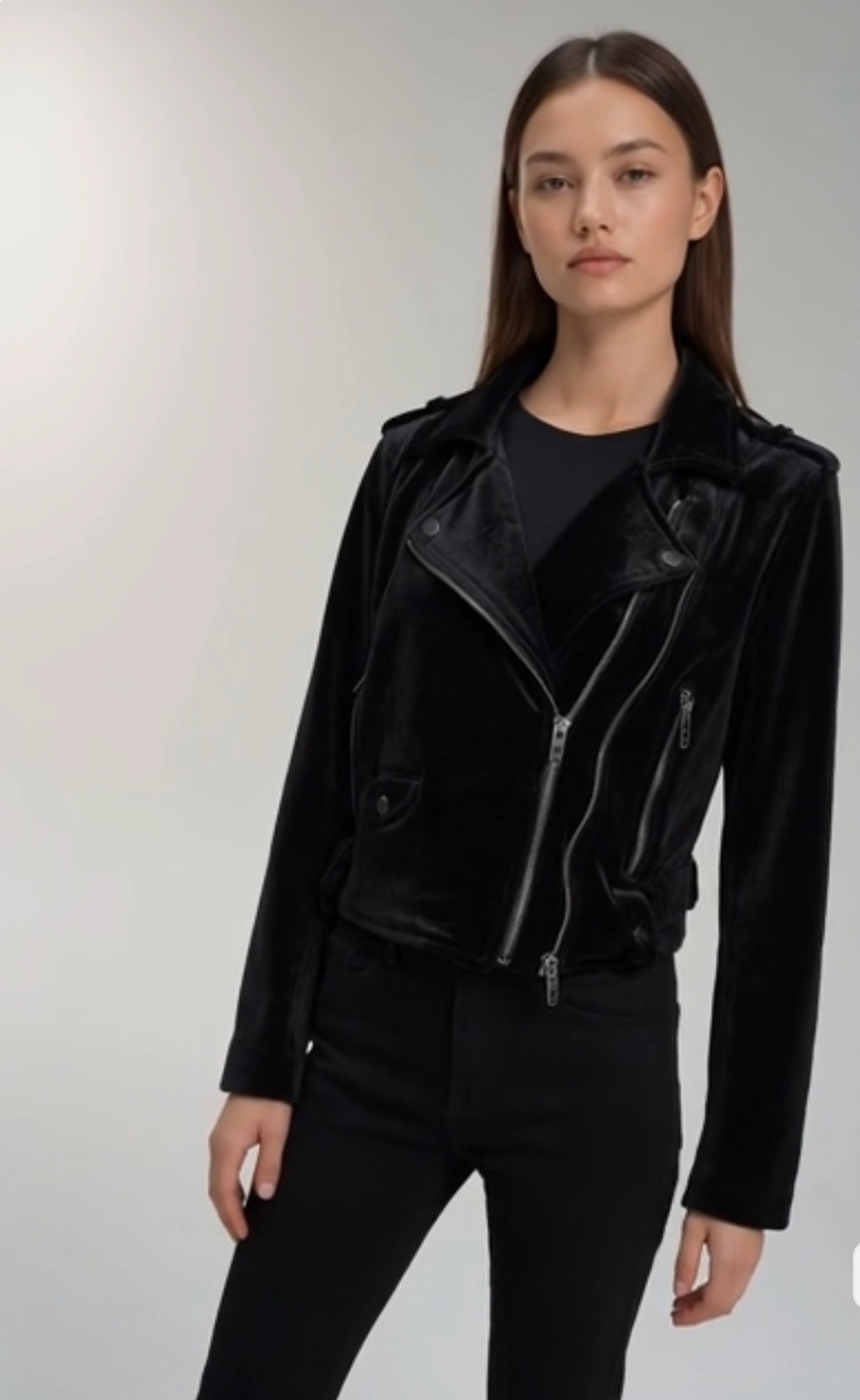 BlankNYC Anthropologie Black Velvet Moto Jacket M Zip Front Biker Crushed